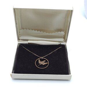 12k Gold Filled Coin Bird Cut Out Coin Necklace Pendant With Chain In Box